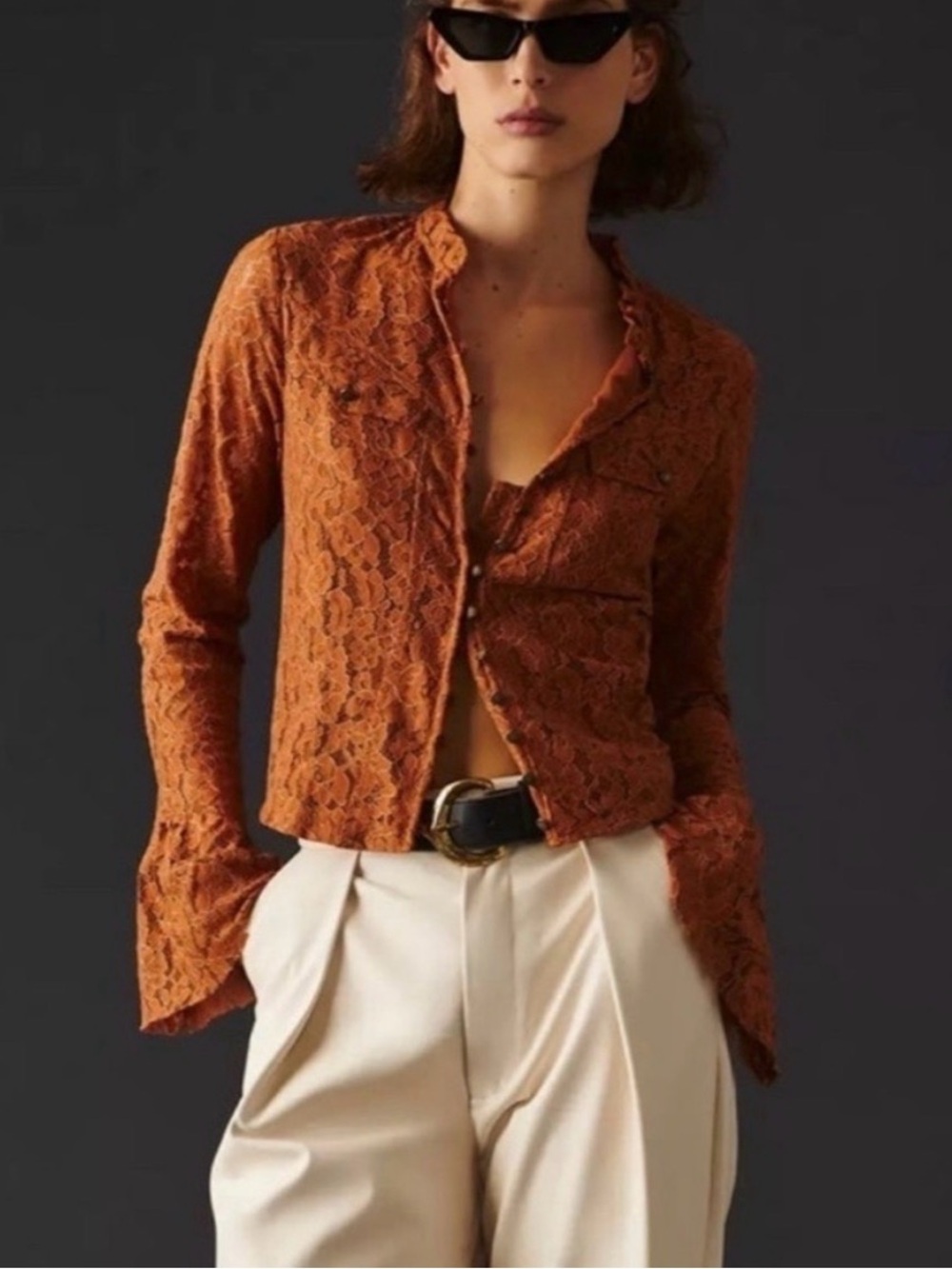 Anthropologie Copper Lace Long-Sleeve Button Front Top
